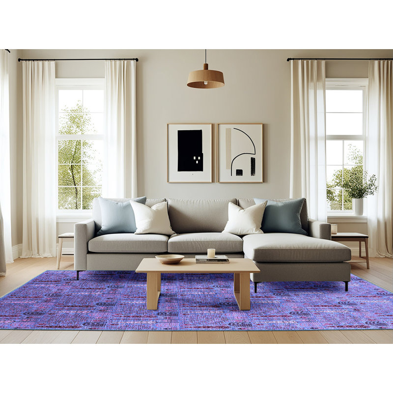 Tapis oriental en laine / polyester tissé à la machine en bleu, Carré 3 pi