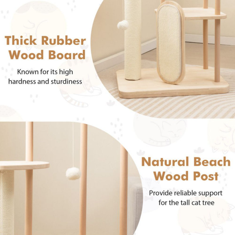 44-Inch Beige Wooden Multi-Level Cat Tower with Sisal Scratching Post