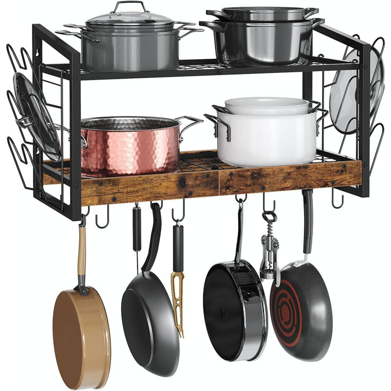 2-Tier Kitchen Pot And Lid Organizer, Wall-Mounted Pot Rack With 12 Hooks,Rustic Brown