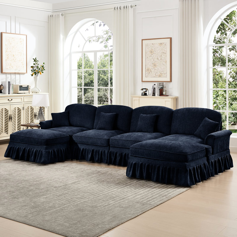 Canapé modulaire classique en U à 4 places avec accoudoirs évasés, jupes de plis à volants amovibles et pieds fuselés, repose-pieds en chenille bleue avec repose-pieds en nuage