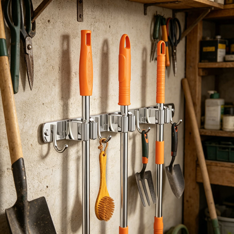 Support mural en acier inoxydable pour balai et vadrouille avec 3 pinces et 4 crochets, rangement pour outils de cuisine