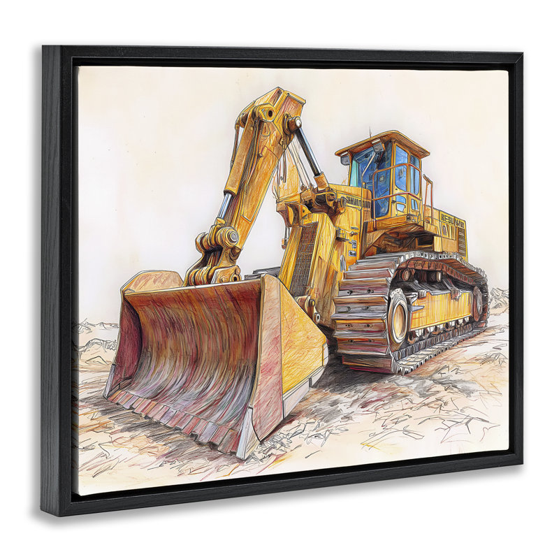 Cadre flottant industriel avec dessin de bulldozer, design par Steve Hunziker, H 17 po x l 21 po, Cadre flottant noir de jais