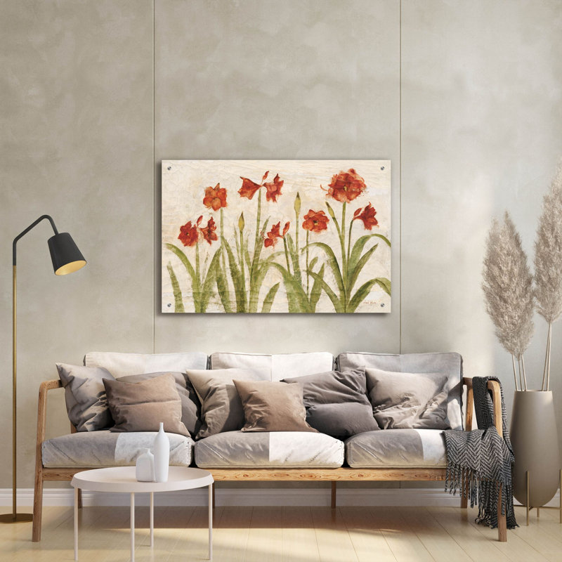 «Row of Red Amaryllis Light» par Cheri Blum, art mural en verre acrylique, H 24 po x l 36 po x P 0,2 po