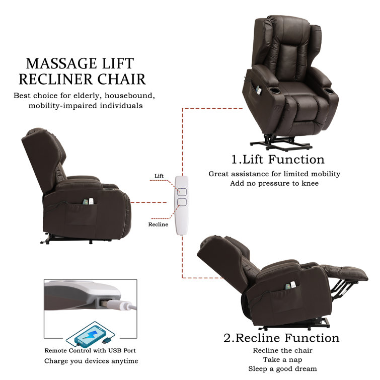 Power Lift Recliner Chair with Heat and Massage Home Theater Recliner, Pillow Included Latitude Run Upholstery Color: Brown