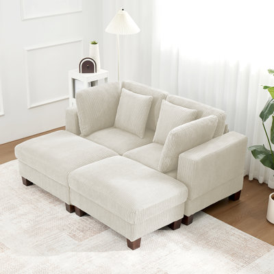 65" Beige Corduroy Sectional Sofa with Ottoman for Small Spaces