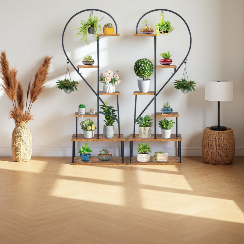 Support pour plante à 2 cœurs 6 couches 2 pièces, support pour pot de fleurs, tablette robuste pour jardin / balcon / patio / salon, multi-usage pour plantes / bibelots / cadres photo