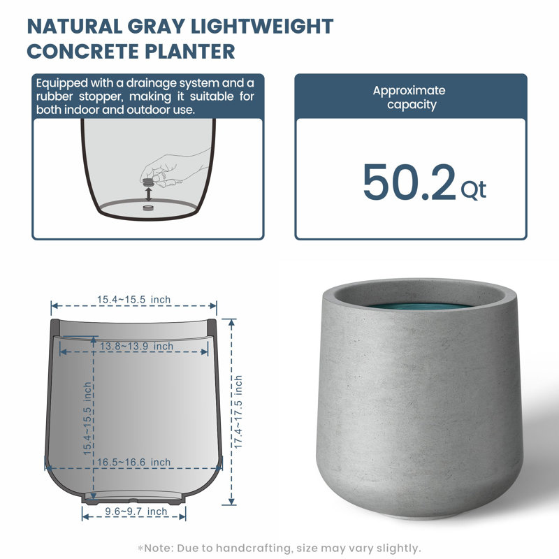 17 po Grand pot / pot rond en béton gris naturel (intérieur de qualité supérieure) avec trous de drainage
