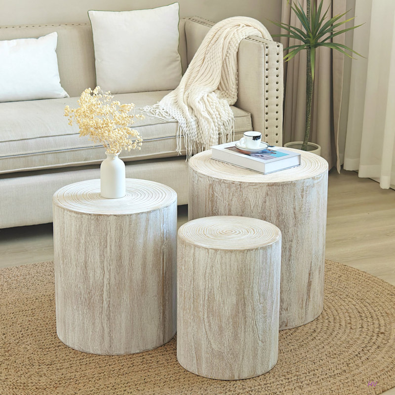 Ensemble de 3 tables basses rondes, tables de bout, supports à plantes et pièces décoratives, Blanc