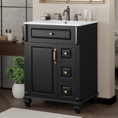 Meuble-lavabo de 24 po avec lavabo, meuble-lavabo autoportant noir avec tiroir rabattable, 3 tiroirs et armoire de rangement, bois massif et panneau de fibres à densité moyenne, comptoir de lavabo en céramique