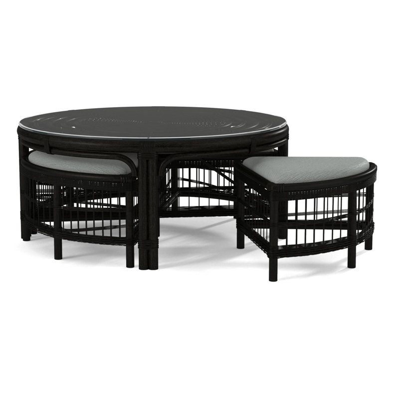 Raffles Rattan Cocktail Table with Benches, Antique Black, Snow Crypton Performance; 0884-91