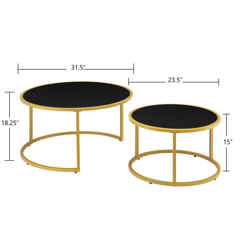 Ensemble de 2 tables basses gigognes rondes en similicuir noir foncé avec base dorée, peu encombrantes pour le salon