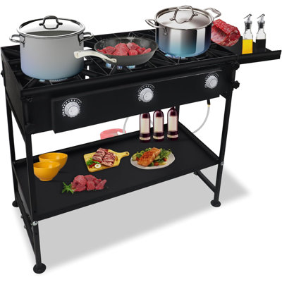 3 Burner Propane Stove -225,000 High Btu Propane Burner Camping Stove, Carbon Steel 3 Burner Camp Stove Outdoor Stove Propane W/Side & Adjustable Bott