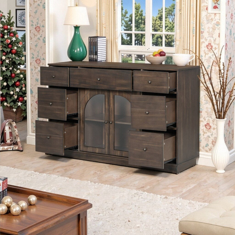 55.8'' Wide Buffet Storage Cabinet With 7 Drawers 2 Doors & Glass Accents, Dark Brown