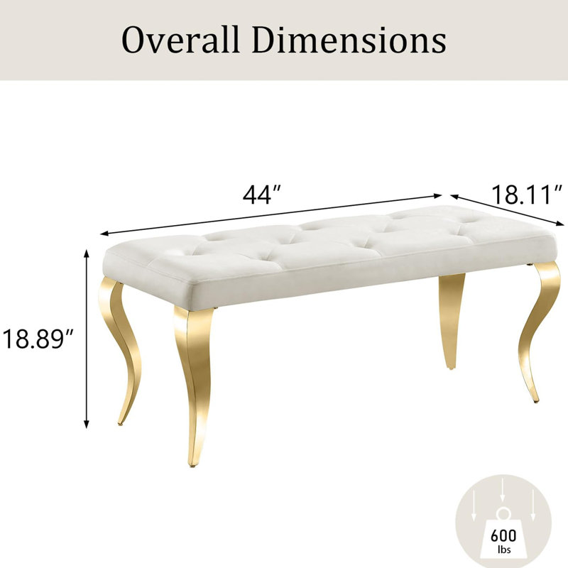 Beige Velvet Bench With Cabriole Legs, White/Gold