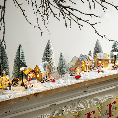 30 PCS Lighted Christmas Village Set with Houses, Trees, Street Lamps, Santa, Snowman, Bench, Fence, Pinecone Figurines, Miniature Xmas Village Decor for Mantel, Tabletop, Shelf, Indoor Display
