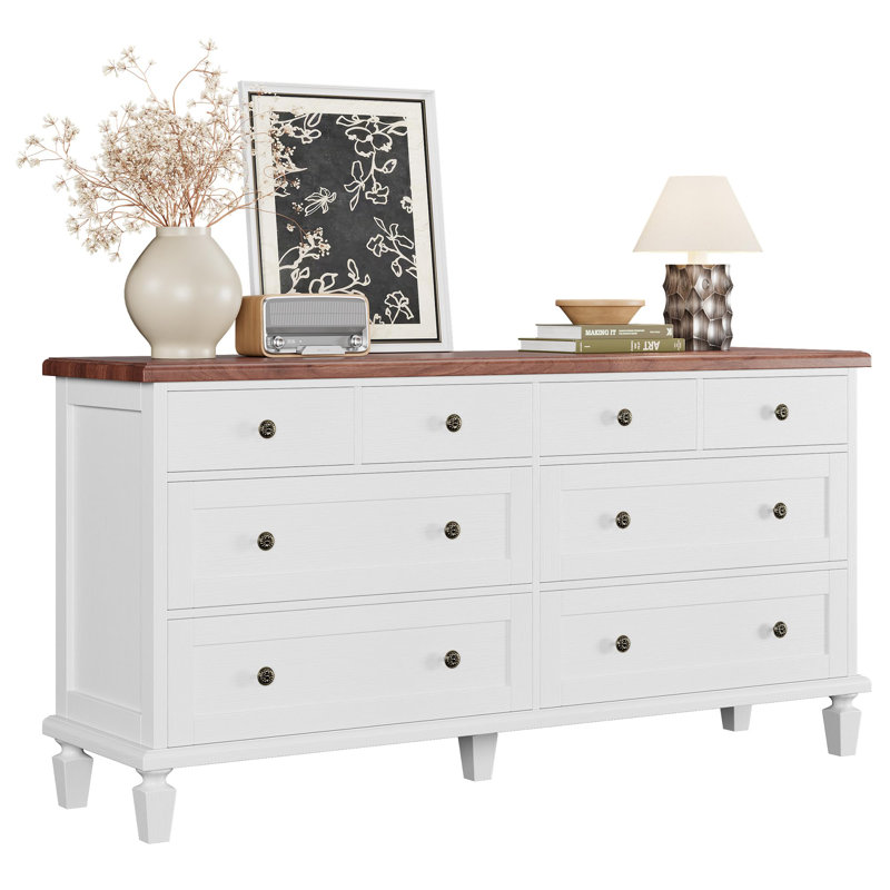 Commode vintage à 8 tiroirs de 150 cm pour chambre à coucher – Commode en bois massif avec poignées sculptées, pieds fuselés et grande capacité de rangement