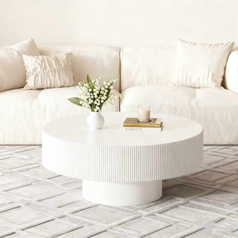Table basse ronde avec plateau épais, H 16,7 po x L 35,4 po x l 35,4 po, Blanc