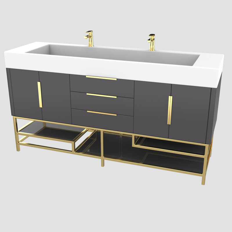 Ensemble de meuble-lavabo double l 71,5 po x P 19,75 po x H 36 po Ivanees Blossom, Gris à haute brillance