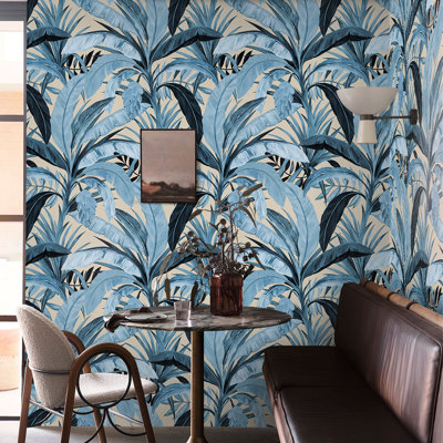 Tropical Wallpaper Blue Beige