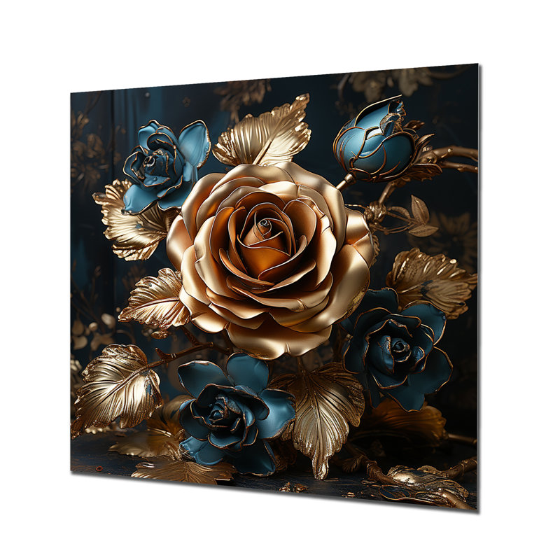 «Golden Rose», impression d'art mural «Roses», Métal métal, H 16 po x l 16 po x P 1 po