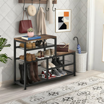 Shoe Rack Bench With Seat, 5 Tier Industrial Freestanding Shoe Storage Organizer For Entryway, Narrow Shelves For High Heels, Brown