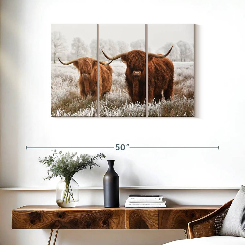 Poilu Highland Cows 3 pièces, H 24 po x l 38 po x P 1,25 po