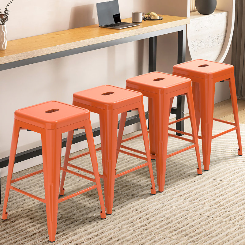 Juddson 24" Counter Stool with Metal Frame,Bar Stools Set Of 4 Indoor-Outdoor Stool, Orange, 4