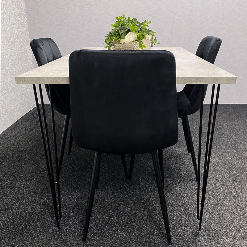 Dining Table with Hairpin Legs & 4 Velvet Chairs Set for Kitchen & Dining Room, Black , 75cmH x 140cmL x 80cmW