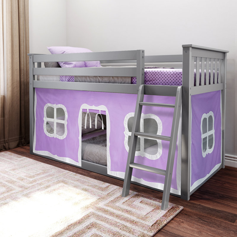 Mendelson Kids Low Bunk Bed with Curtain, White, Purple