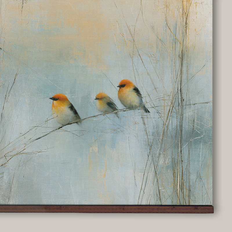 Trois oiseaux chanteurs sur une branche, art mural botanique bleu, H 40 po x l 60 po