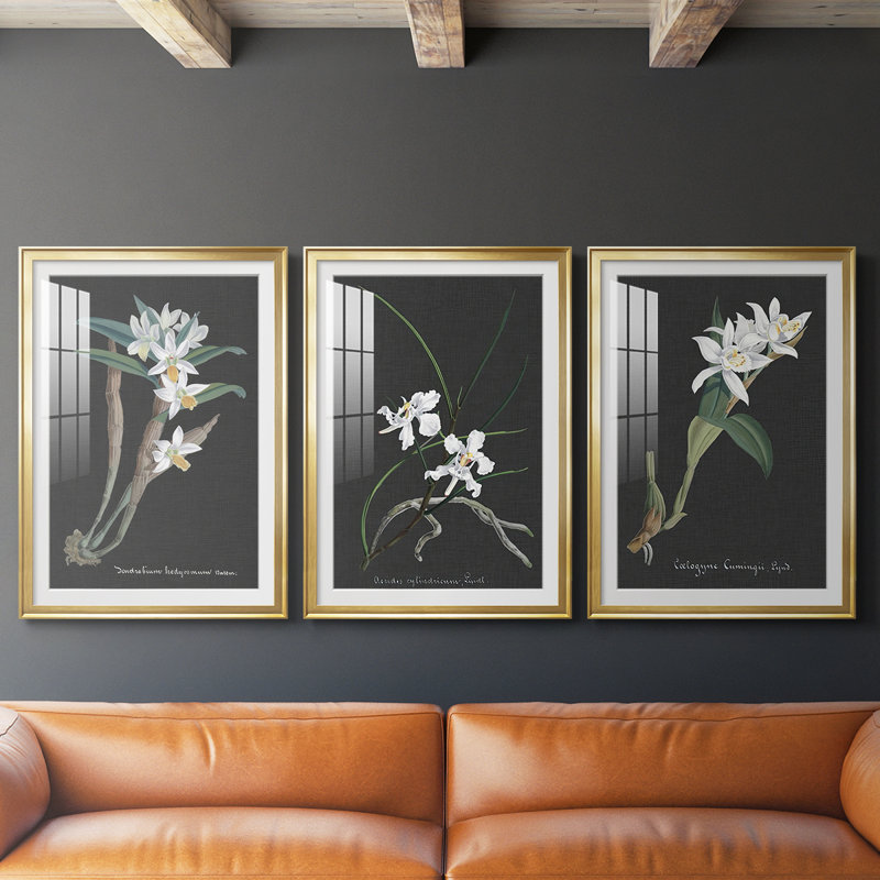 Orchidée sur ardoise I - reproduction sur mesure encadrée de qualité supérieure - 3 pièces, H 27 po x l 39 po, Doré