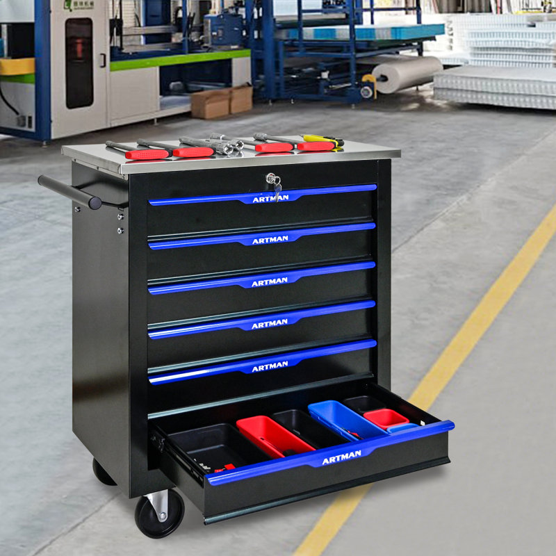 Chariot à outils multifonctionnel 6 tiroirs avec roues noir et bleu