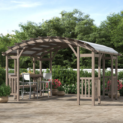 Sunjoy Bellucci Arched Pergola 10 x 14 ft. Light Grey Outdoor Cedar Framed Wood Pergolas with Weather-Resistant Canopy for Patio, Garden
