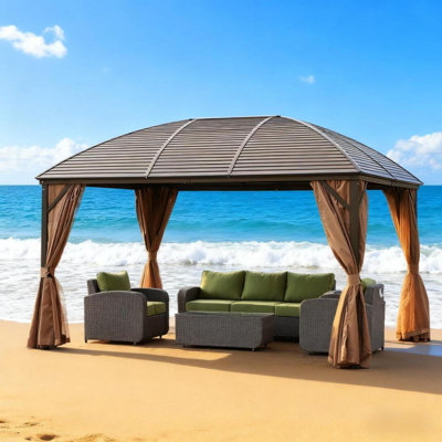 Gazebo 10' X 13' Hardtop Gazebo With Curtains, Netting, Pavilion With Steel Roof Ceiling Hook