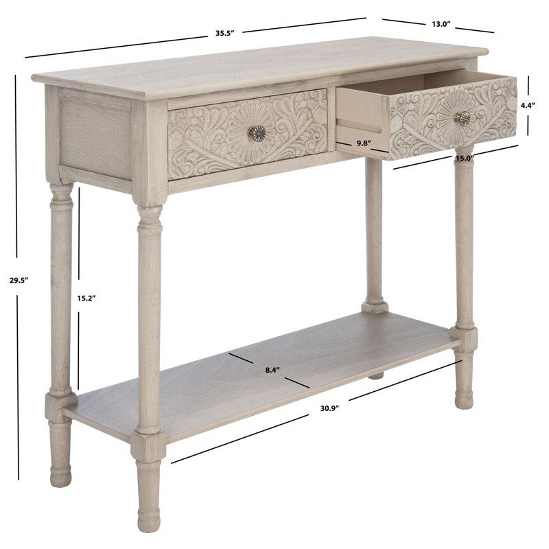Josie Elegantly Carved Greige Wood & Metal 40'' Console Table with Storage