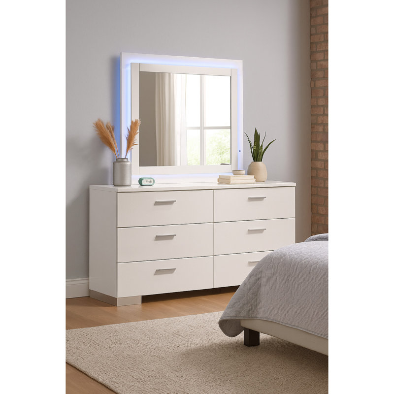 Commode large Sok avec miroir DEL, 6 tiroirs, finition blanche ultrabrillante, Blanc antique