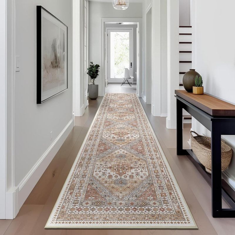 Medallion Non Slip Washable Rug(Orange), Runner 2' x 12'
