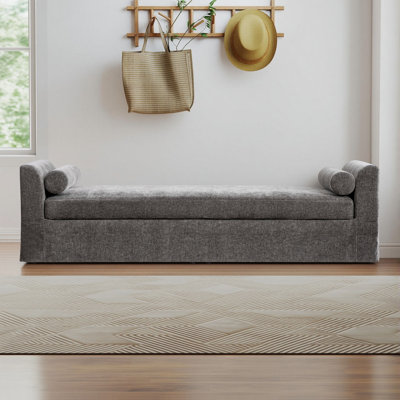 90.5" Modern Bench,window-side Bench With Armrests,chenille Couch With 2 Bolster Pillows, For Bedrooms, Living Room, Dormitories