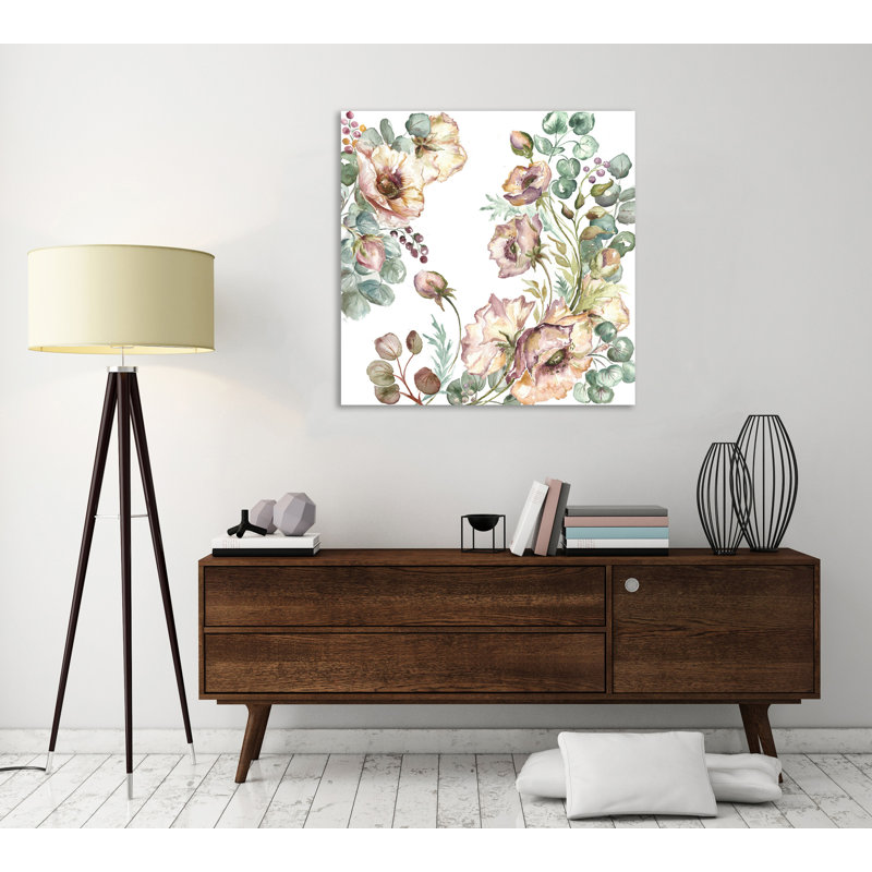 Blush Pink Poppies On White II - Wrapped Canvas Painting, 30 cm H x 30 cm W
