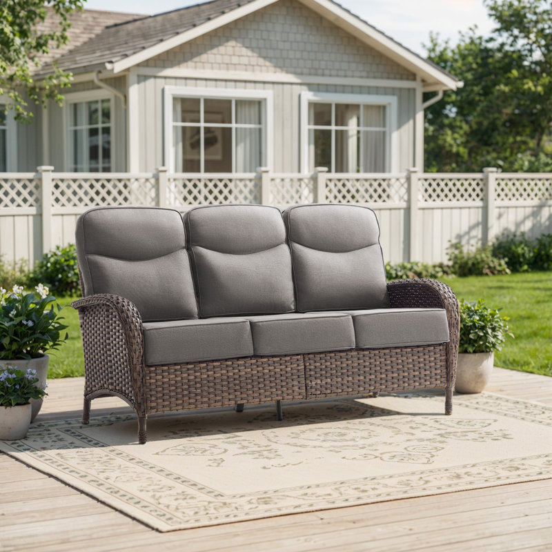 Himonia 70.5 Wide Straight Outdoor Wicker Patio Sofa With 6" Thick Cushions, Gray, Brown