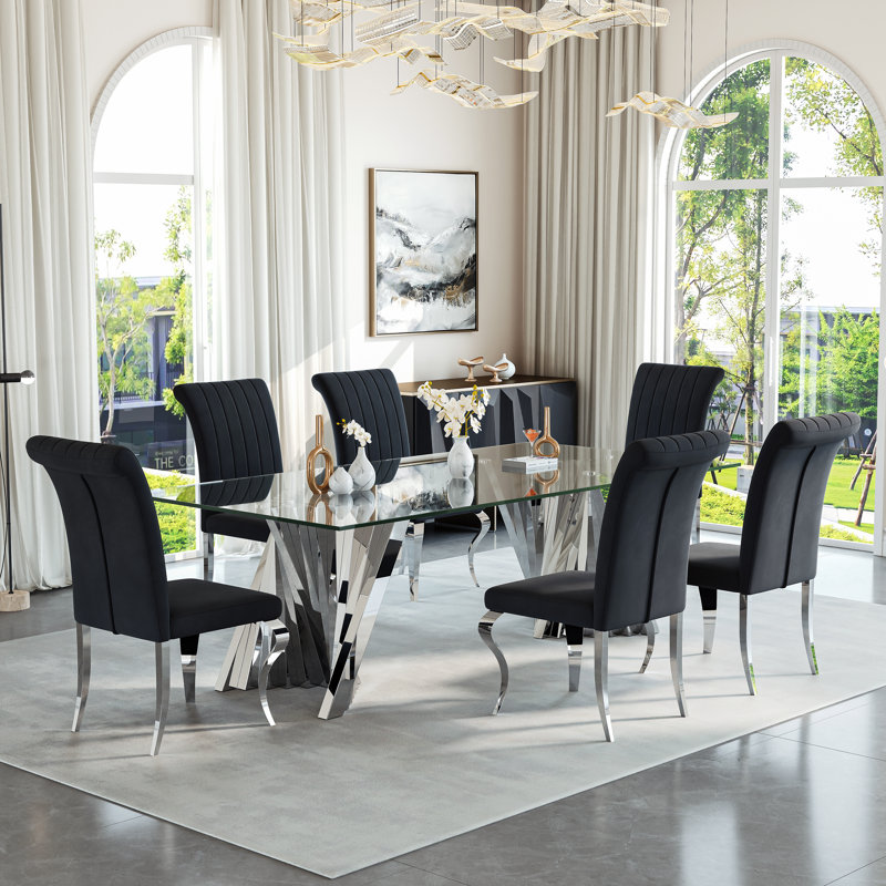 Rectangular Glass Dining Table Set For 6 People, Sleek Modern Design With Sculptural Metal Base, 94.49'' L X 47.24'' W