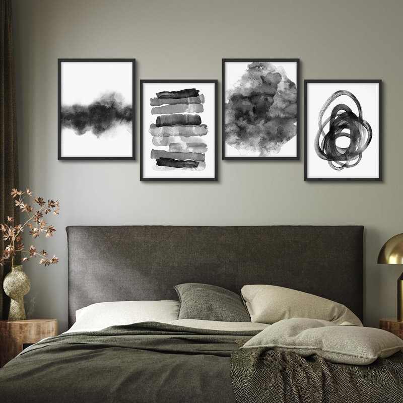 "Art moderne abstrait noir et blanc", 4 pièces, Noir, H 14 po x l 11 po