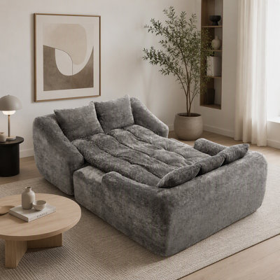 Chaise longue surdimensionnée moderne en chenille, à assise profonde, avec coussins décoratifs et accoudoirs, idéale pour le salon, la chambre ou un appartement.