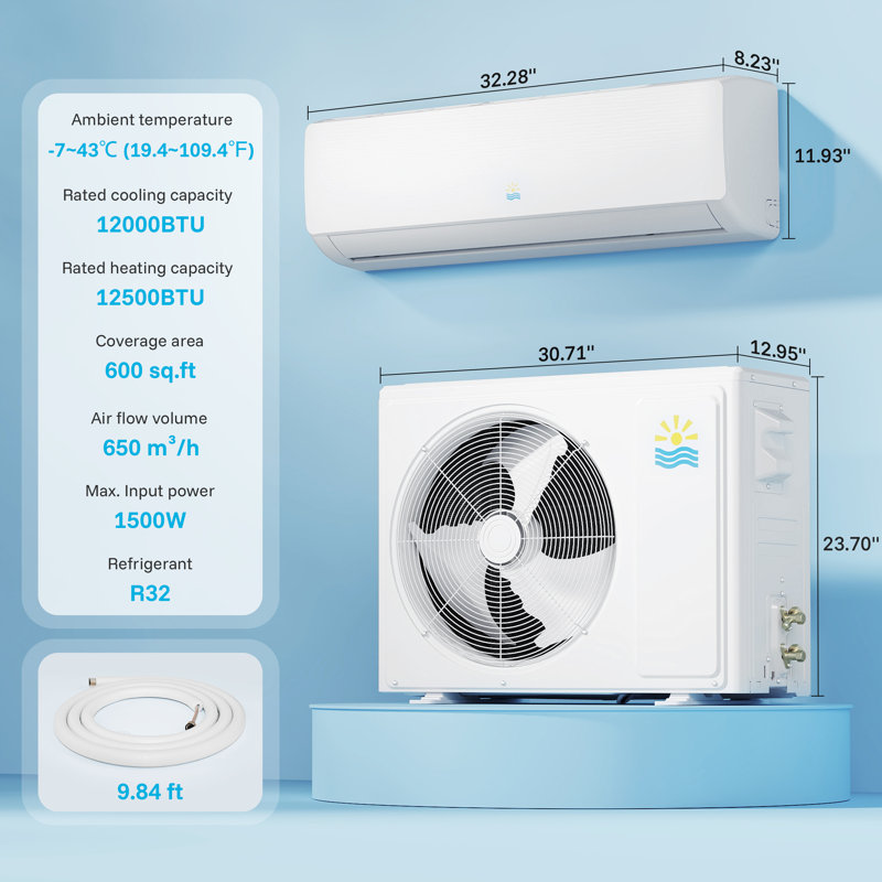 Air Conditioner 12000 BTU Mini Split AC/Heating System, 600 Sq.ft Coverage, 19 SEER2, 115V, 12000