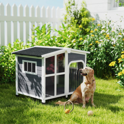 Cabin-Style Wooden Dog House for Large Dogs with Openable Roof & Giant Window, Big Dog House for Outdoor & Indoor Use, Dog Furniture, Dark Gray