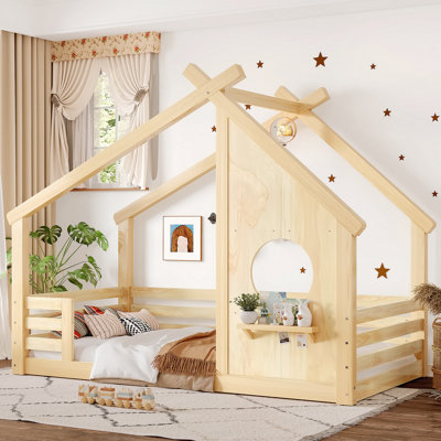Twin House Floor Bed with Window and a Small Shelf, Solid Wood Floor Bed with House-shaped Roof, No Spring Box Needed, Natural