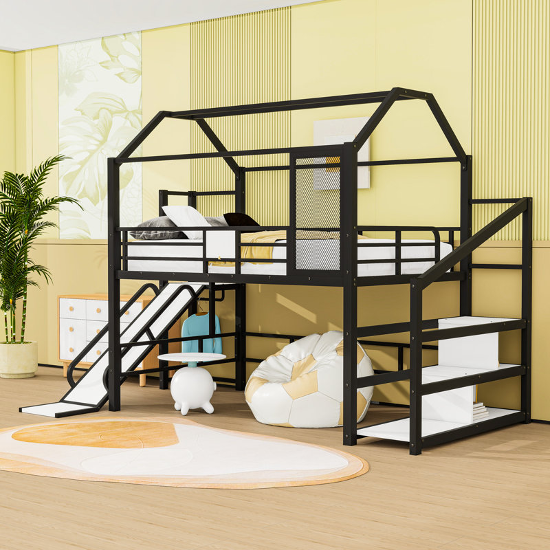 Lit mezzanine en métal avec toit, glissade et tablettes de rangement, Double, Noir