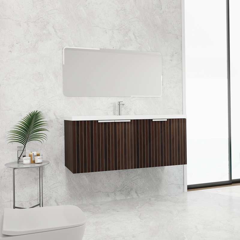 Meuble-lavabo de salle de bain avec lavabo en résine, portes à fermeture douce, conception à fixation flottante, 47.2", Brun