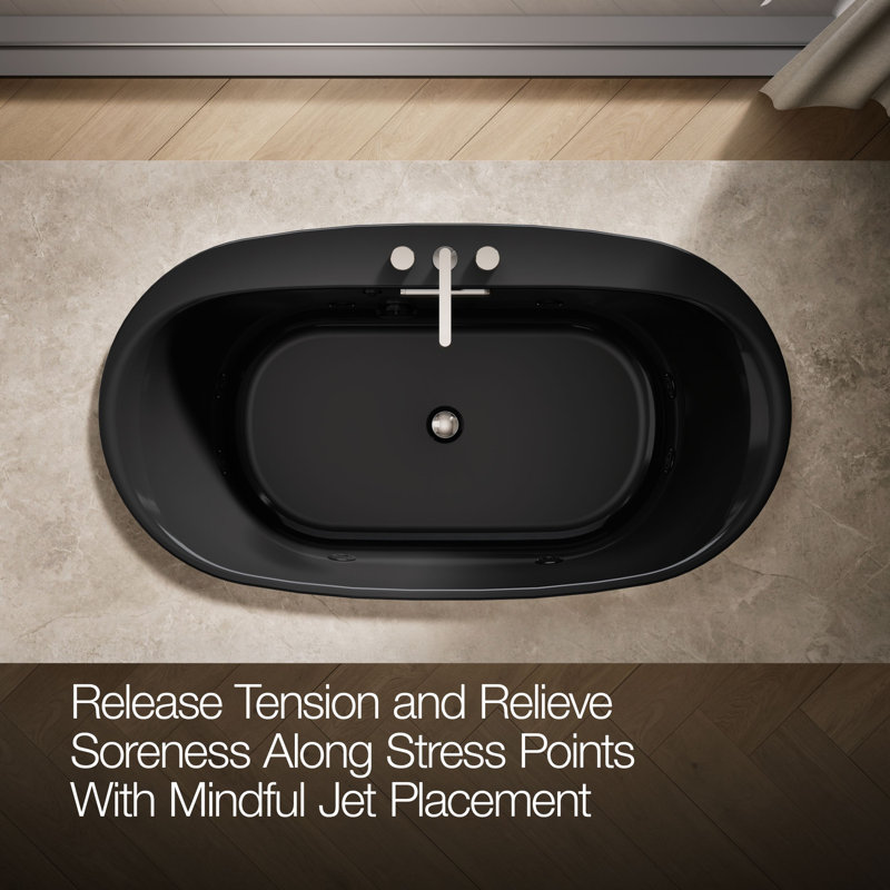 66-In x 36-In Heated Whirlpool Bath with Center Drain, Black