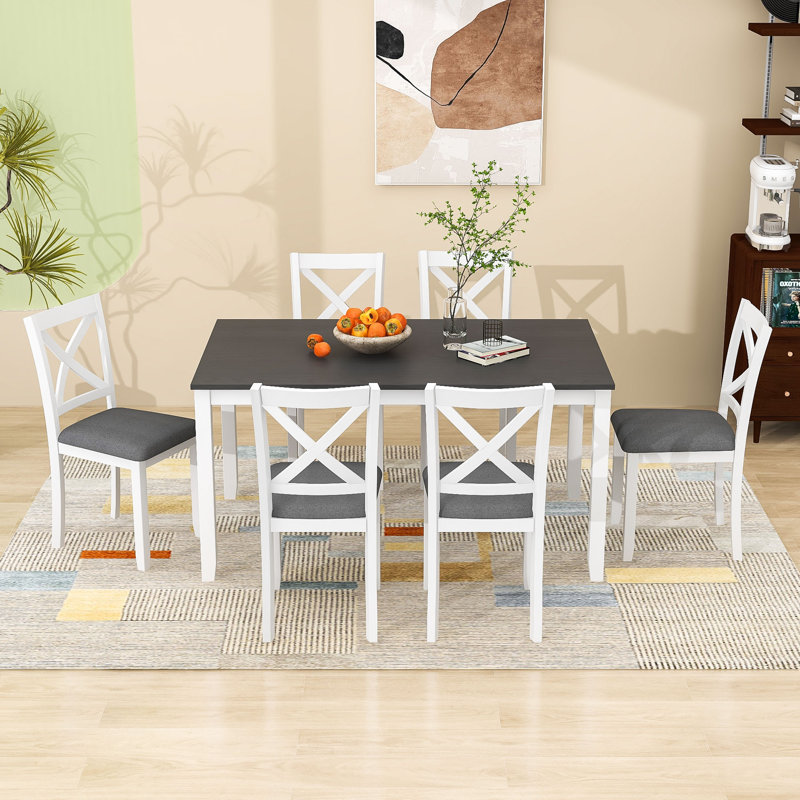 Ensemble de table de salle à manger moderne 7 pièces avec 6 chaises rembourrées pour la salle à manger, Grey/White